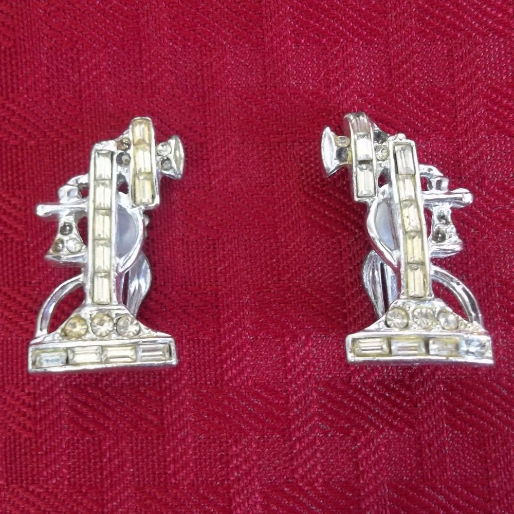 Vintage Kitsch Glam Old Fashion Candlestick Phone Clip On Rhinestone Earrings